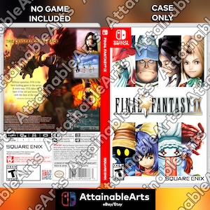 May include: A Nintendo Switch game case for Final Fantasy IX. The front of the case features a colourful illustration of characters from the game. The back of the case has a description of the game and a rating of T for Teen.