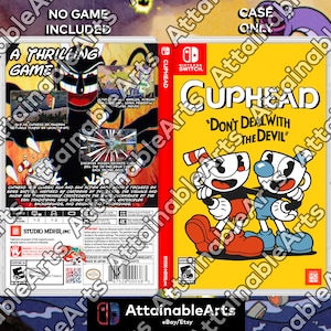 May include: A Nintendo Switch game case for Cuphead, with the game's title and characters on a yellow background. The case includes the text "Don't Deal With The Devil" and the Nintendo Switch logo. The back of the case shows game details.