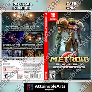May include: A video game case for the Nintendo Switch featuring the game Metroid Prime Remastered. The case is a standard Nintendo Switch game case with a black background and a gold and red design. The front of the case features a large image of Samus Aran, the protagonist of the Metroid series, in her power suit. The text "Metroid Prime Remastered" is displayed in large, bold letters below the image. The back of the case features a description of the game and a list of features.