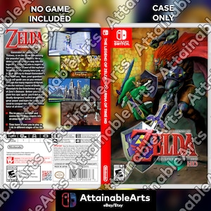 Puede incluir: Una caja de juego de Nintendo Switch para The Legend of Zelda: Ocarina of Time HD. La parte delantera de la caja presenta un personaje de pelo rojo con una espada luchando contra Link. La parte trasera de la caja tiene una descripción del juego y una clasificación de "T" para adolescentes.