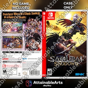 May include: A Nintendo Switch game case for Samurai Shodown. The front of the case features a red, black, and white illustration of two samurai warriors fighting. The back of the case has a description of the game and a mature rating.