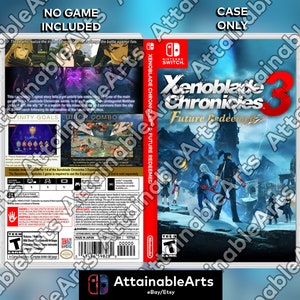 May include: A Nintendo Switch game case for Xenoblade Chronicles 3: Future Redeemed. The case is blue and white with a picture of the game's characters on the front. The back of the case has a description of the game and its features.