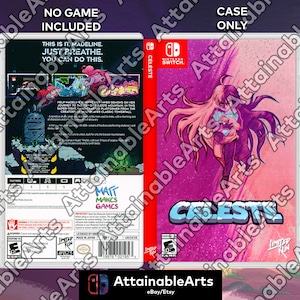 Może przedstawiać: Etui na grę Celeste na Nintendo Switch. Etui ma różowo-fioletowy design z tytułem gry w kolorze niebieskim. Tył etui zawiera pikselową grafikę i tekst "This is it, Madeline. Just breathe. You can do this."