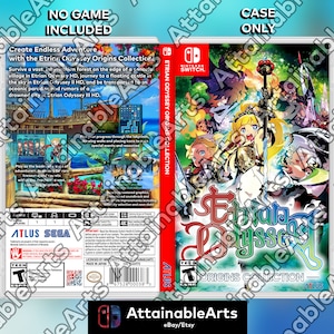 May include: A Nintendo Switch game case for Etrian Odyssey Origins Collection. The case is blue, green, and yellow with a stylized image of a female character holding a sword. The text "Etrian Odyssey Origins Collection" is printed on the case.