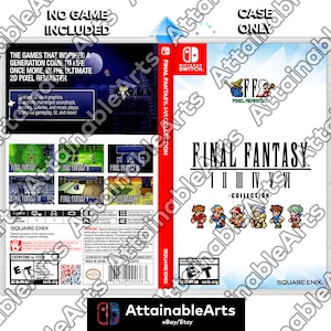 May include: A white Nintendo Switch game case with a blue and white background. The case features a pixelated image of the Final Fantasy logo and the text "Final Fantasy I-VI Collection". The back of the case shows a collection of pixelated images from the games, along with the ESRB rating and other information.