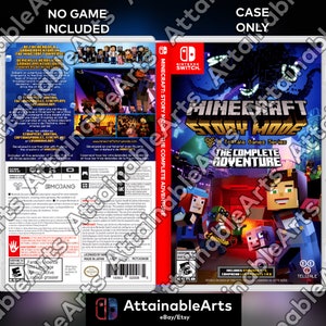 Puede incluir: Una caja de juego de video para Nintendo Switch con Minecraft Story Mode: The Complete Adventure. La caja es negra con un logotipo de Minecraft rojo y blanco y una imagen de los personajes del juego. El texto "Minecraft Story Mode" y "The Complete Adventure" está impreso en la caja.