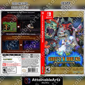 Könnte beinhalten: Ein Nintendo Switch-Spielecase für Ghosts 'n Goblins Resurrection. Das Case ist rot, weiß und schwarz mit einem Bild einer weiblichen Figur in einem weißen Kleid und einem Ritter in Rüstung. Das Spiel ist für Jugendliche (T) freigegeben. Der Text auf dem Case lautet "Ghosts 'n Goblins Resurrection" und "CAPCOM".