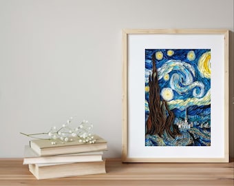 Van Gogh Starry Night Layered Paper Art, Printable Wall Art, Minimalist Digital Download Wall Décor Print, Digital Download
