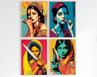 Indian Women Retro Pop Art set of 6, Printable Wall Art, Minimalist Digital Download Wall Décor Prints by Sianna Designs