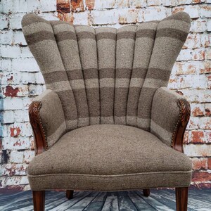 SOLD Custom Re Create Channel back Accent Chair in Vintage Italian Officer s wool corduroy Restored Scalloped