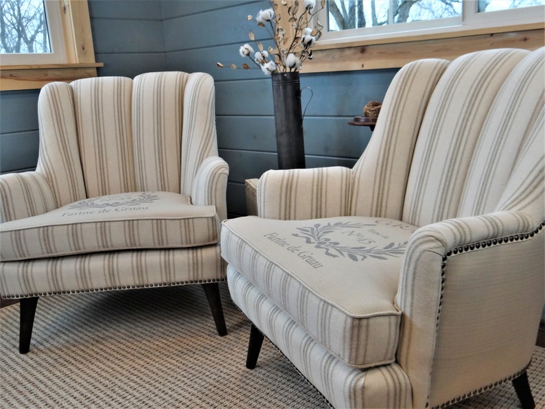 Sold Individual Custom Re Create Pair Vintage Channel Back Farmhouse Grain Sack Chairs Grainsack Reupholstery Wingback