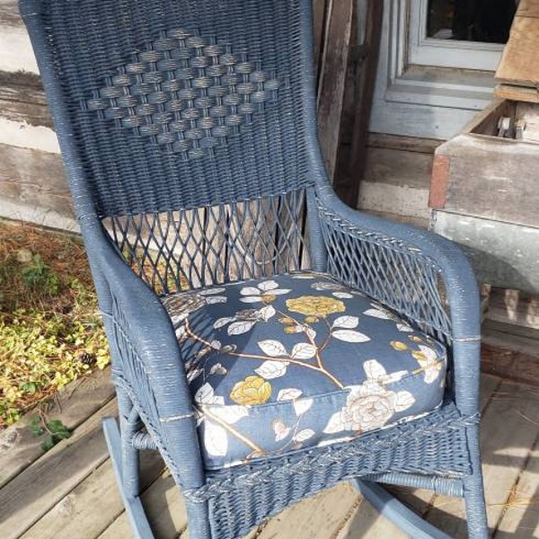 Antique chippy primitive artissimo blue rustic wicker rocking chair with down cushion *rocker * farmhouse * country *navy