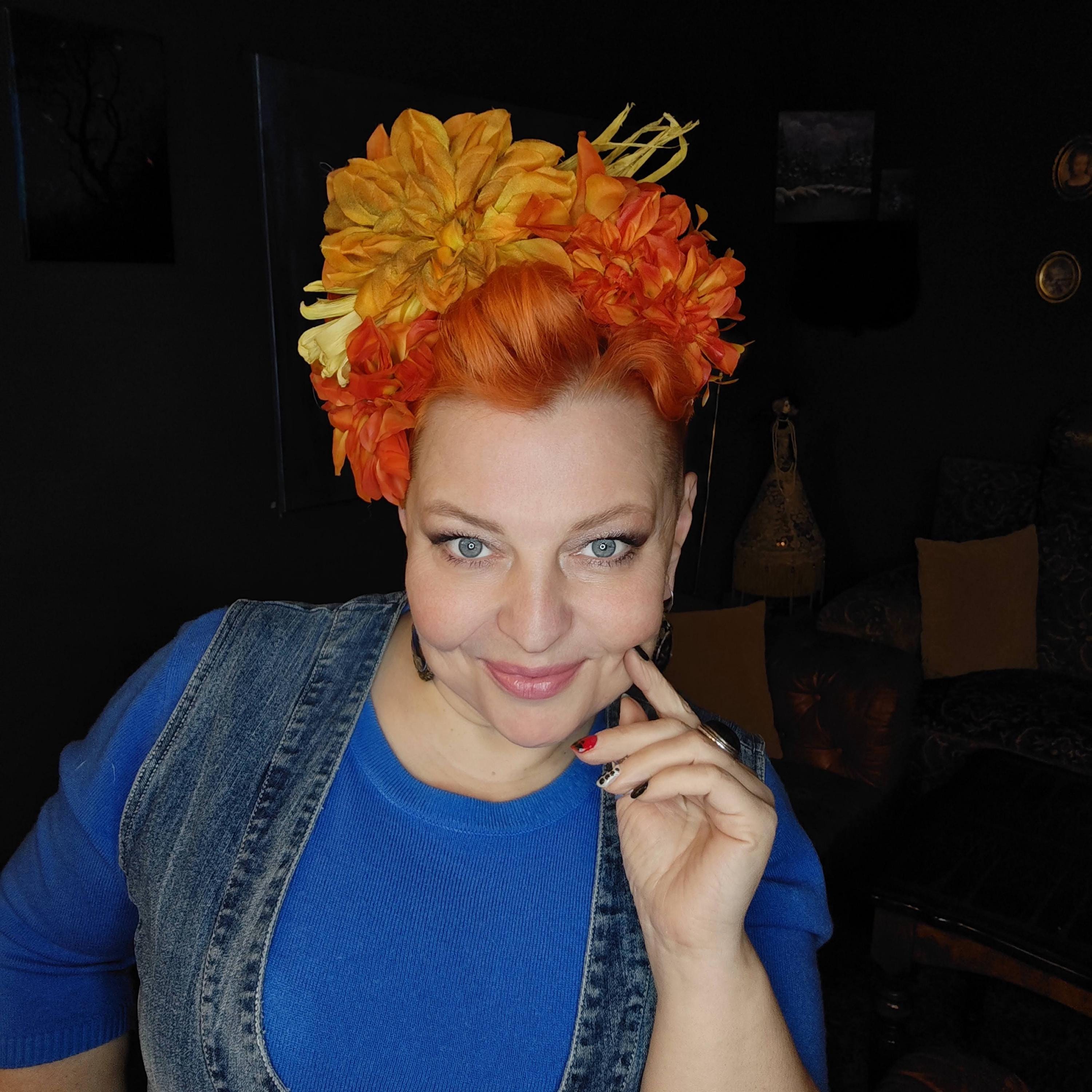 Handmade Embellished Floral Headband - Gold Green Orange Handmade Pearl Headbands | Women main image 3