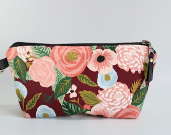 Small Travel Pouch - Juliet Rose in Burgundy Rifle Paper Co. Fabric