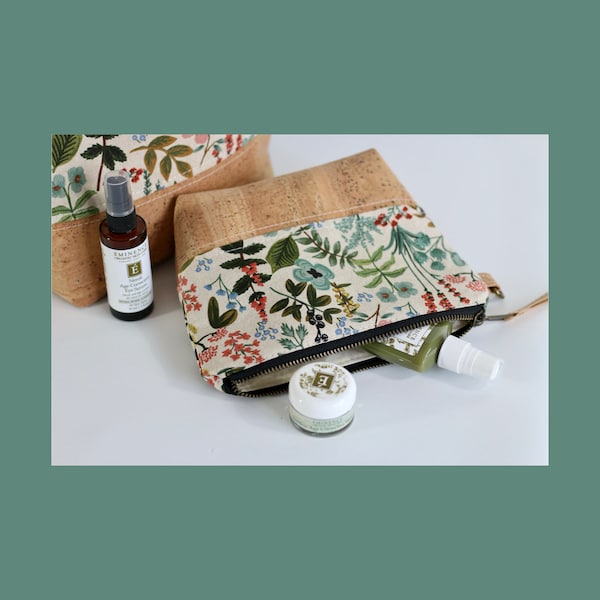 Herb Garden Travel Pouch - natural cork leather base; Rifle Paper Co. Fabric