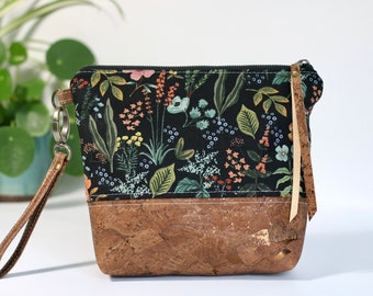 Travel Pouch - Herb Garden in midnight, bronze cork base; Rifle Paper Co. Fabric