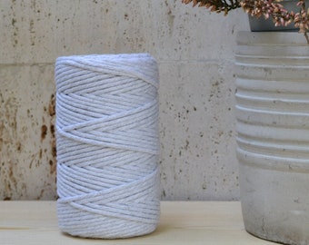 Cotton rope 2mm, white grey, single strand, 50 meters (54 yards), 100% cotton for macrame, weaving, crochet, knitting, natural fiber yarn