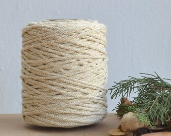 3 mm golden ecru cotton cord & lurex, 120 m., knotted / braided, macrame, crochet, knitting, weaving, craft
