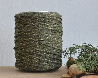 3 mm golden olive green cotton cord & lurex, 120 m., knotted / braided, macrame, crochet, knitting, weaving, craft