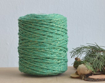 3 mm golden green cotton cord & lurex, 120 m., knotted / braided, macrame, crochet, knitting, weaving, craft