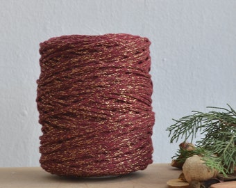3 mm golden burgundy cotton cord & lurex, 120 m., knotted / braided, macrame, crochet, knitting, weaving, craft