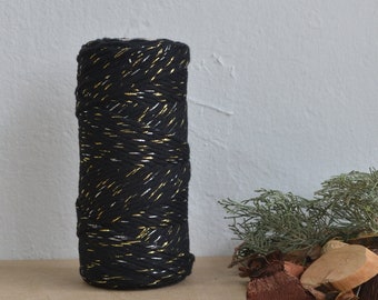 Cotton rope 3mm, black with gold and silver strings, single strand, 100 meters (109 y), cotton for macrame, weaving, crochet, festive yarn