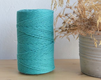 Cotton rope 3mm, teal, single strand, 200 meters (218 yards), 100% cotton for macrame, weaving, crochet, knitting, natural fiber yarn