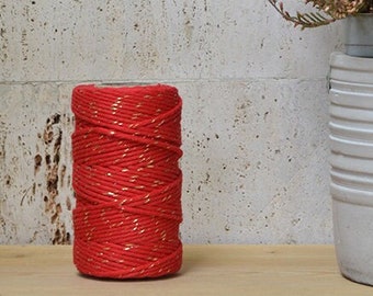 Cotton rope 2mm, golden chilli red, single strand, 50 meters (54 y), cotton for macrame, weaving, crochet, knitting, natural fiber yarn