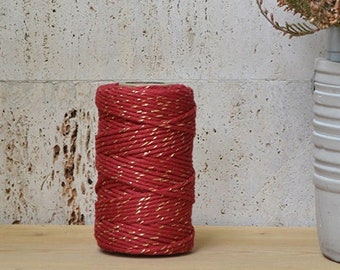 Cotton rope 2mm, golden cherry red, single strand, 50 meters (54 y), cotton for macrame, weaving, crochet, knitting, natural fiber yarn