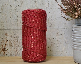 Cotton rope 3mm, golden cherry red, single strand, 100 meters (109 y), cotton for macrame, weaving, crochet, knitting, natural fiber yarn