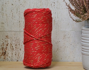 Cotton rope 3mm, golden chilli red, single strand, 100 meters (109 y), cotton for macrame, weaving, crochet, knitting, natural fiber yarn