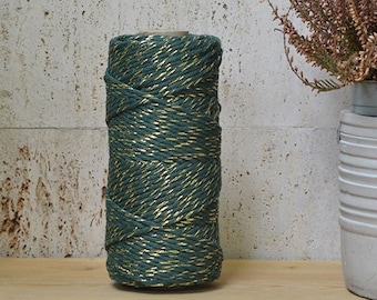 Cotton rope 3mm, golden cypress green, single strand, 100 meters (109 y), cotton for macrame, weaving, crochet, knitting, natural fiber yarn