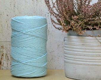 Cotton rope 3mm, pastel cyan, single strand, 200 meters (218 yards), 100% cotton for macrame, weaving, crochet, knitting, natural fiber yarn