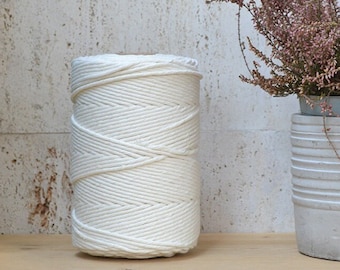 Corde en coton 3 mm, écru, brin simple, 200 mètres (218 ans), 100 % coton pour macramé, tissage, crochet, tricot, fil de fibres naturelles