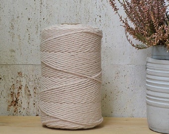 Cotton rope 3mm, creme pink, single strand, 200 meters (218 yards), 100% cotton for macrame, weaving, crochet, knitting, natural fiber yarn