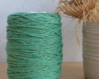 3 mm golden green cotton cord & lurex, 120 m., knotted / braided, macrame, crochet, knitting, weaving, craft