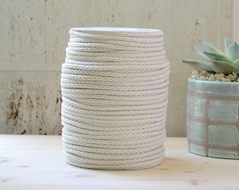 Könnte beinhalten: Eine zylindrische, cremefarbene Vase mit einem strukturierten, seilartigen Design. Die Vase besteht aus eng gewickeltem, hellfarbigem Seil, das eine einzigartige visuelle Textur erzeugt. Rechts befindet sich ein kleiner, hellblauer Topf mit quadratischem Muster und einer Sukkulentenpflanze.