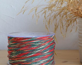 Christmas cotton rope 4 mm with golden string single strand, 60 m, green, red, beige, super soft. Macrame, weaving, tassels