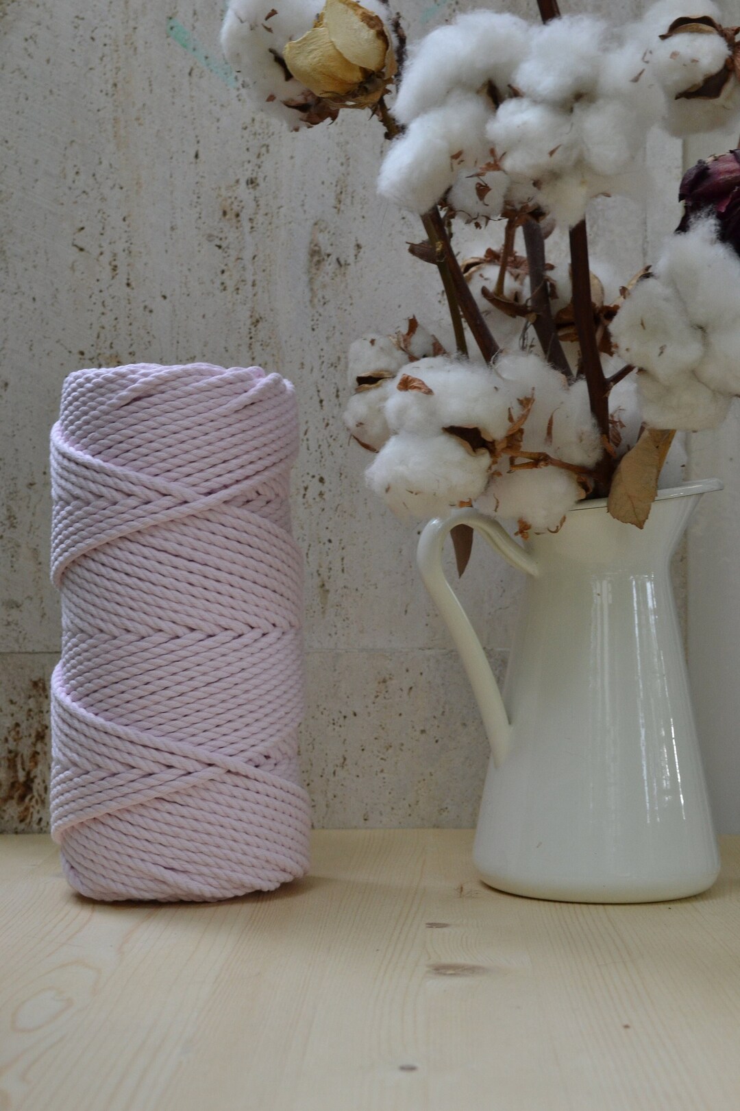 Pink Yarn Rope Cotton Rope 5mm, Pale Pink, 3ply Twisted, 100 Meters (109 Yards), 100% ...