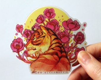 Tiger and Peony flower original illustration *CLEAR* vinyl sticker