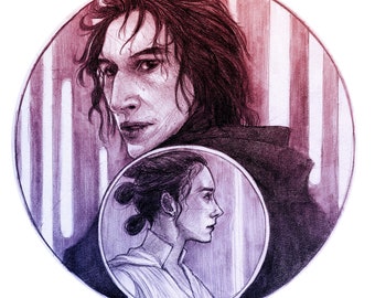 Kylo Ren and Rey traditional sketch to Clear Sticker Mucha style Clear Vinyl Sticker