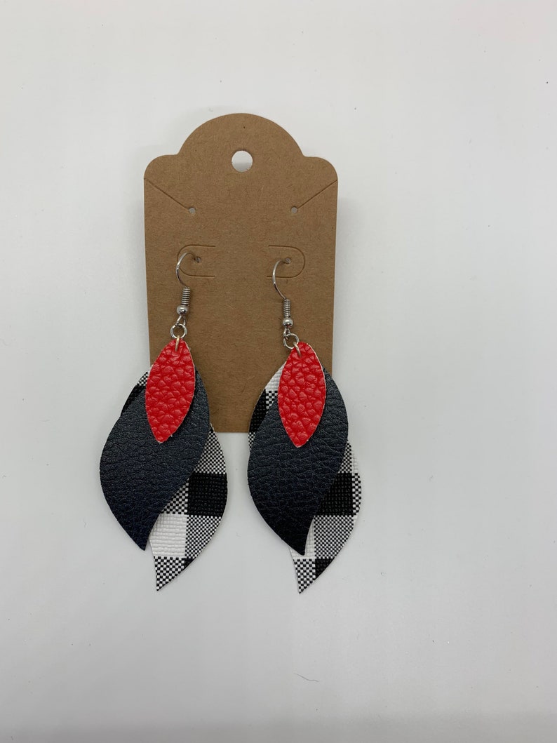 Stacked Faux Leather Earrings Novelty Earrings Buffalo Plaid Fall Faux Leather Earrings Fall Lightweight Earrings