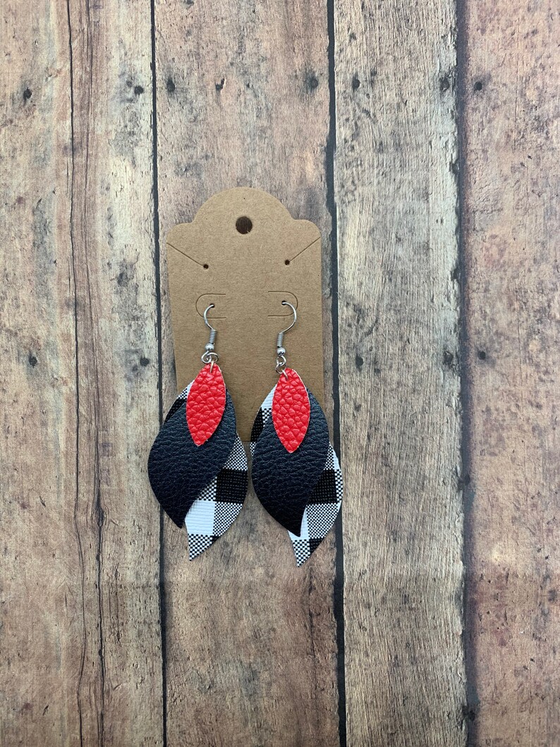 Stacked Faux Leather Earrings Novelty Earrings Buffalo Plaid Fall Faux Leather Earrings Fall Lightweight Earrings