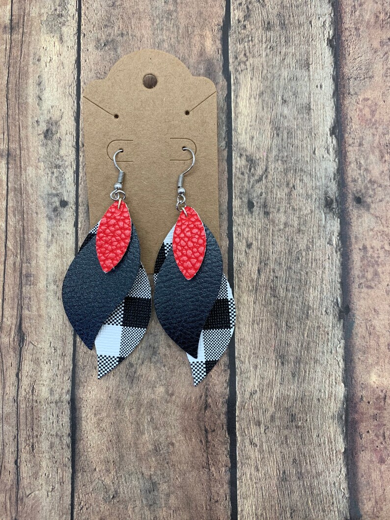 Stacked Faux Leather Earrings Novelty Earrings Buffalo Plaid Fall Faux Leather Earrings Fall Lightweight Earrings