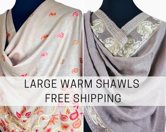 Silk embroidery warm shawl for women |large wedding shawl|kashmiri shawl|winter wrap|warm scarf large with fringes|winter wrap|gifts for her