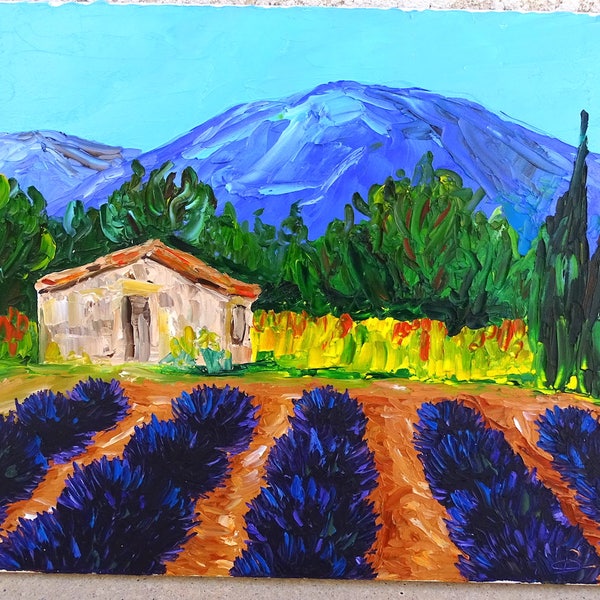 Tableau peinture, peinture sur toile, Provence, paysage provençal, provençal, lavande, tableau couteau, Cabanon en Provence