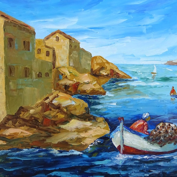 Tableau peinture, peinture sur toile, tableau mer, tableau océan, peinture océan, tableau couteau, La côte du pêcheur