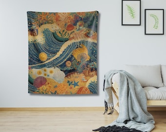 Coastal Wall Tapestry Whimsical Ocean Decor  Beach House Artwork Nautical Seashell Over Couch Art
