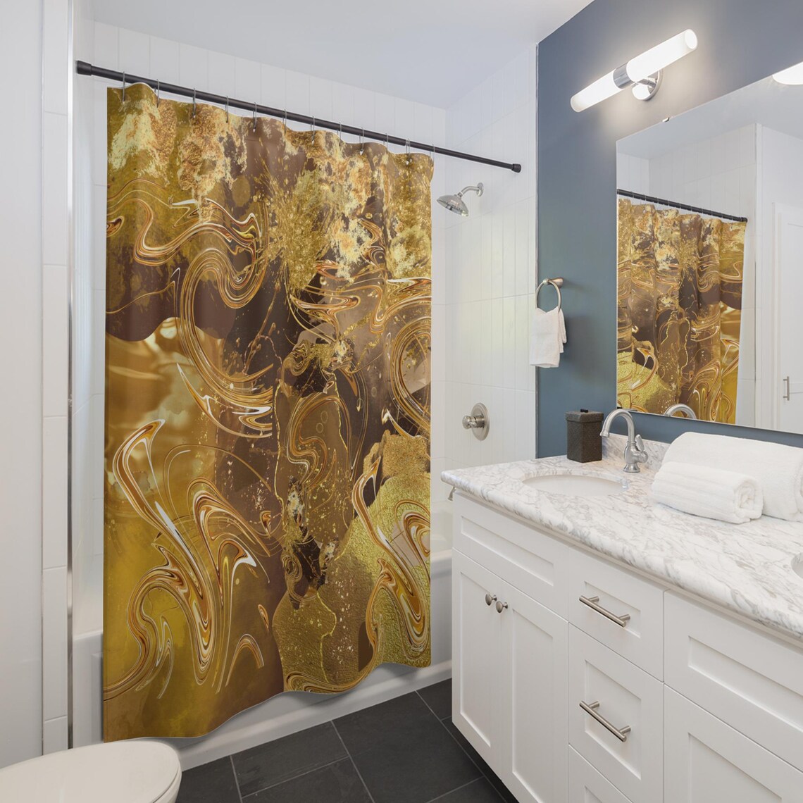 Brown and Gold Shower Curtain for Warm Bathroom Decor, Chocolate Brown