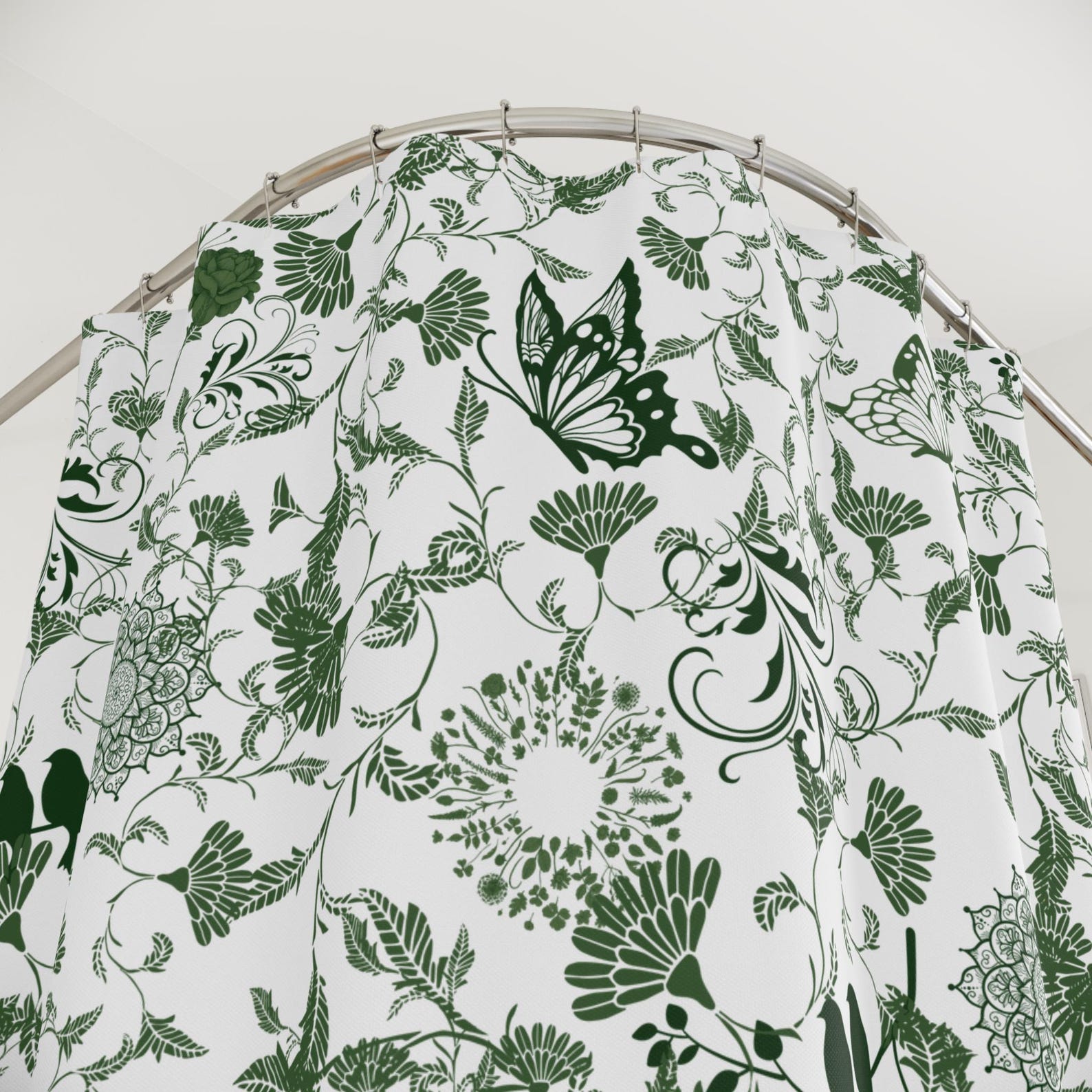 Green Toile Shower Curtain Green Bathroom Decor Cottagecore Shower